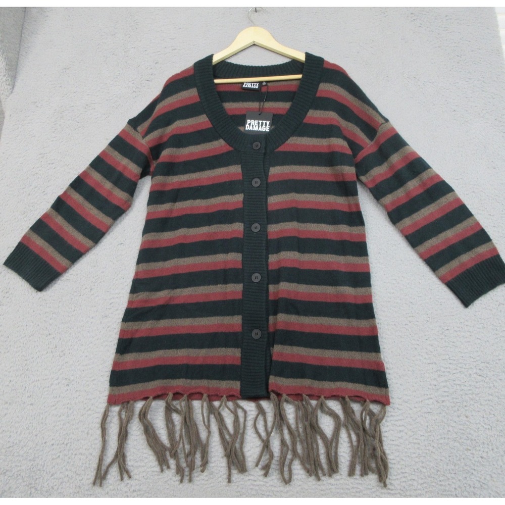 Pretty Damage Cardigan Sweater Womens Small Stripe Fringe Hem Button‎ Front Knit